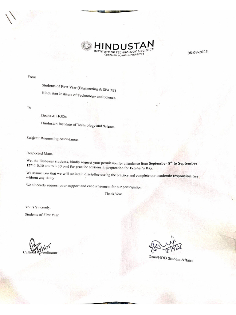 OD Letter For Freshers Day Preparation | PDF