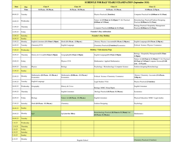 Half Yearly Exam Schedule September 2025 | PDF