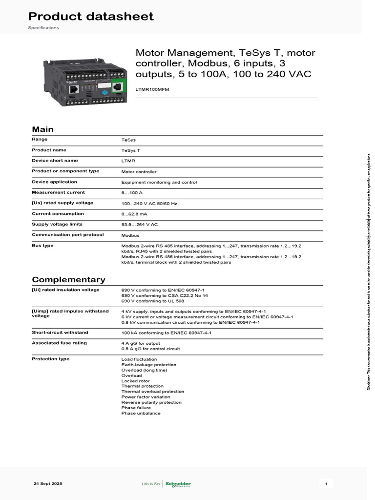 TeSys T LTMR100MFM Motor Controller | PDF | Alternating Current | Power ...