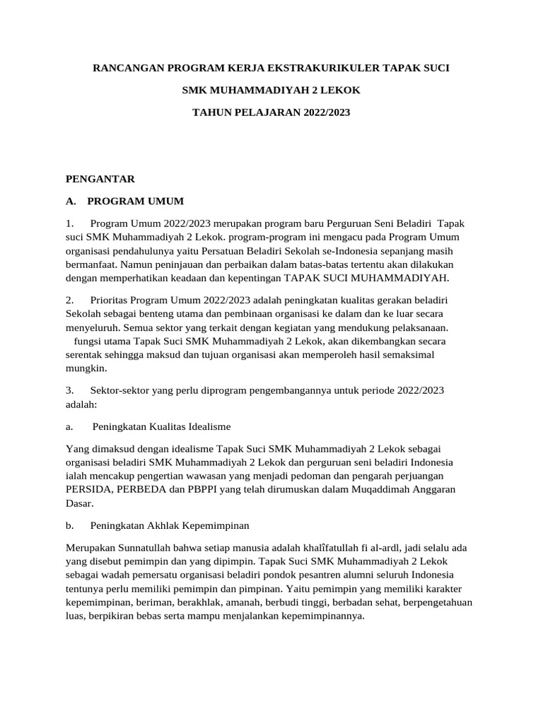 Program Kerja Ekstrakurikuler Tapak Suci 2022/2023 | PDF