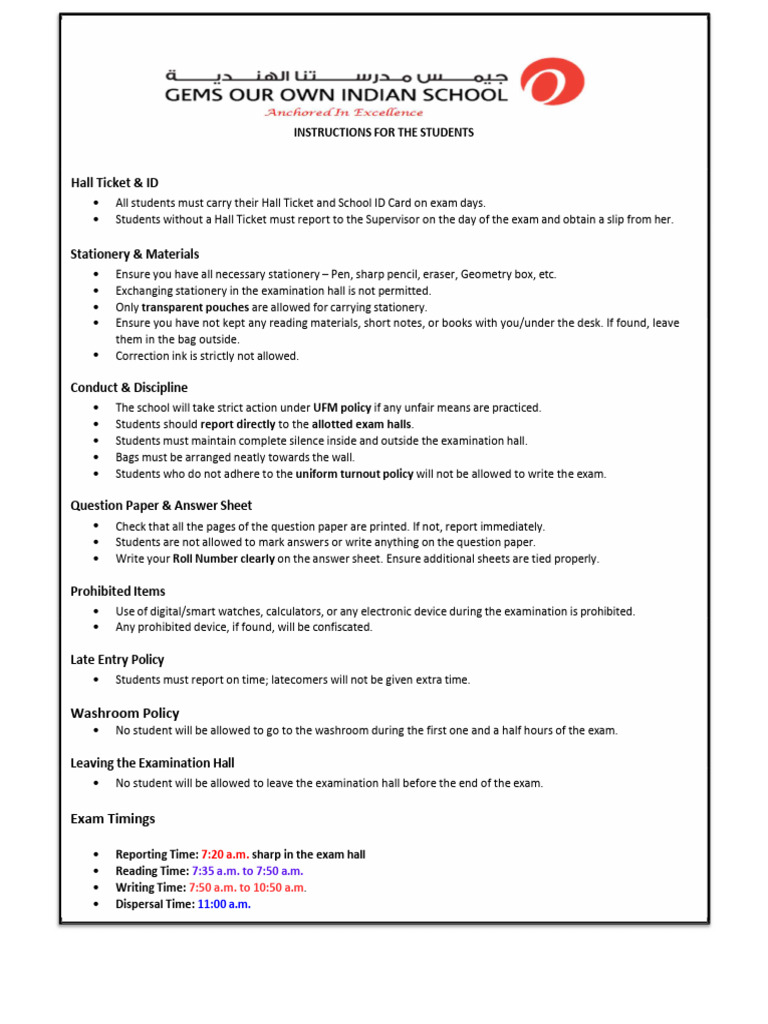 Exam Instructions for Students | PDF