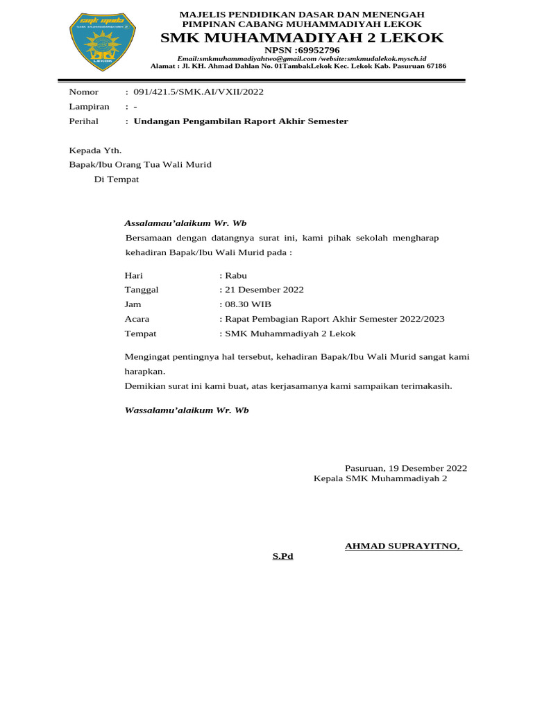 Surat Pengambilan Raport | PDF
