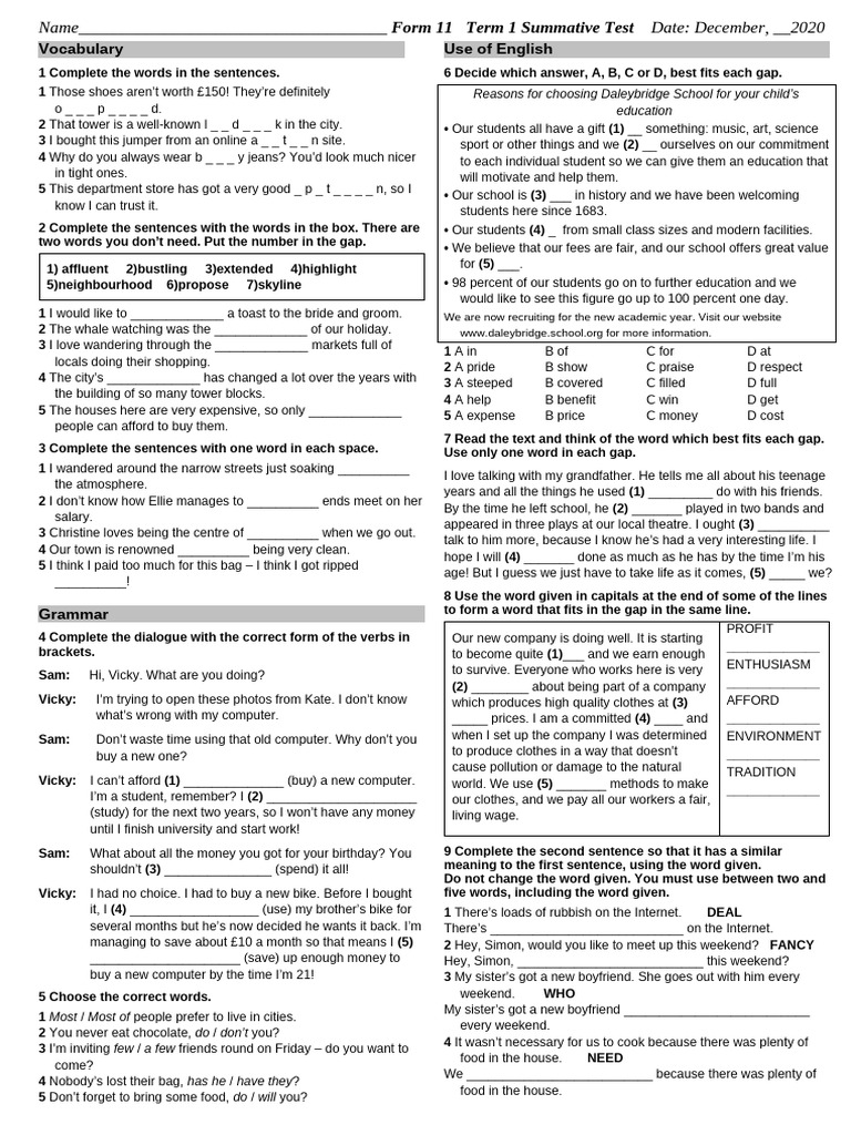 Term 1 Summative Test Vocabulary & Grammar | PDF