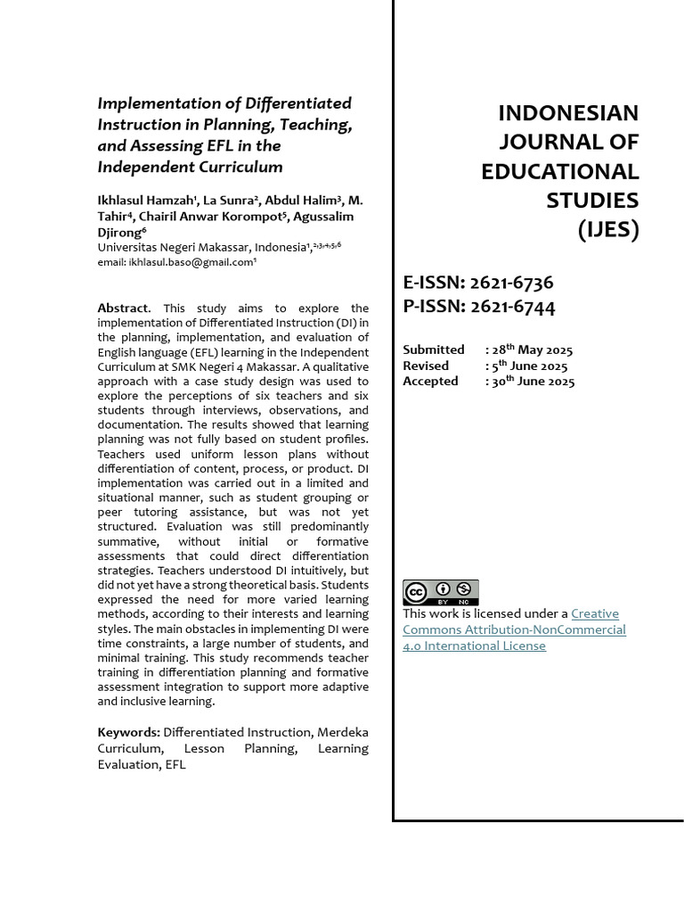 Implementation of Differentiated Instruction in Planning, Teaching, and ...