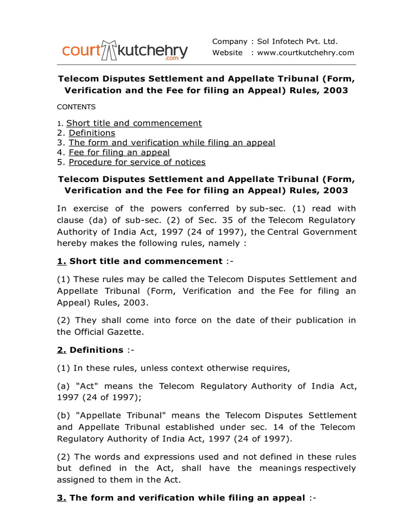 Telecom Disputes Settlement and Appellate Tribunal (Form, Verification ...
