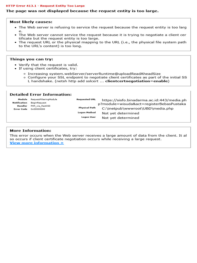 IIS 10.0 Error 413.1: Entity Too Large | PDF