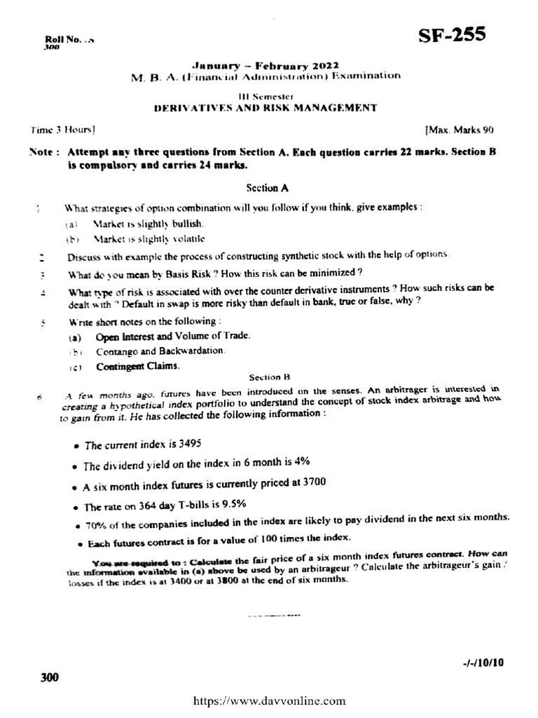 Mba 3 Sem Fa Derivatives and Risk Management SF 255 Feb 2022 | PDF