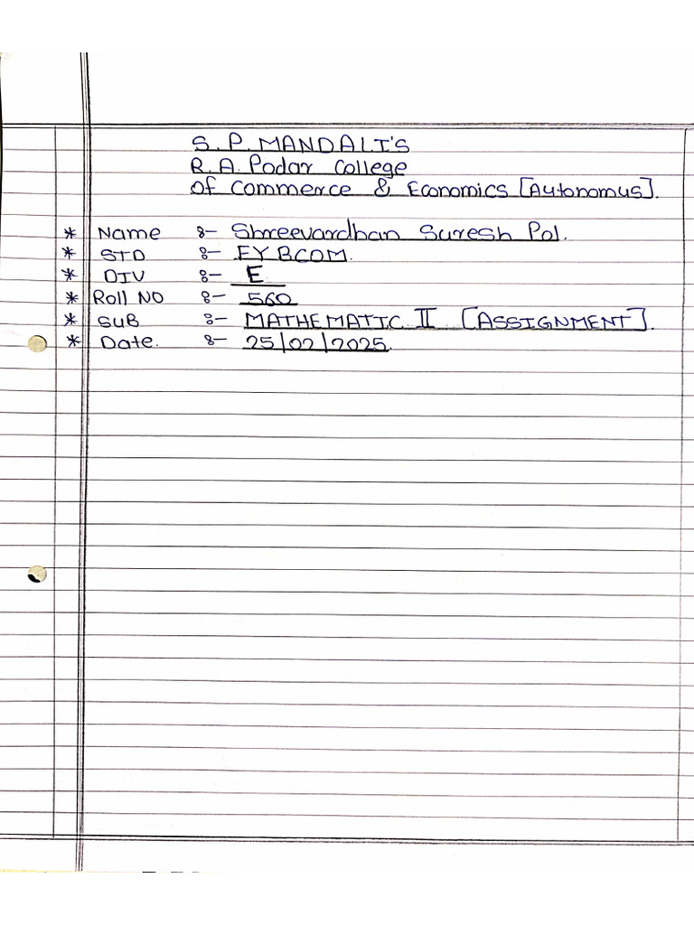 Mathematics Sem 2 Assignment (Shreevardhan Pol - 560 - e - Fybcom) | PDF