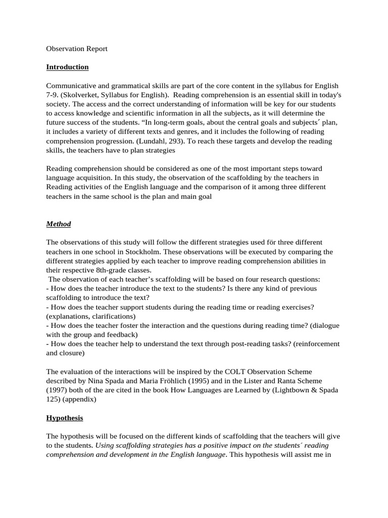Observation Project - Final Draft Alberto | PDF | Reading Comprehension ...