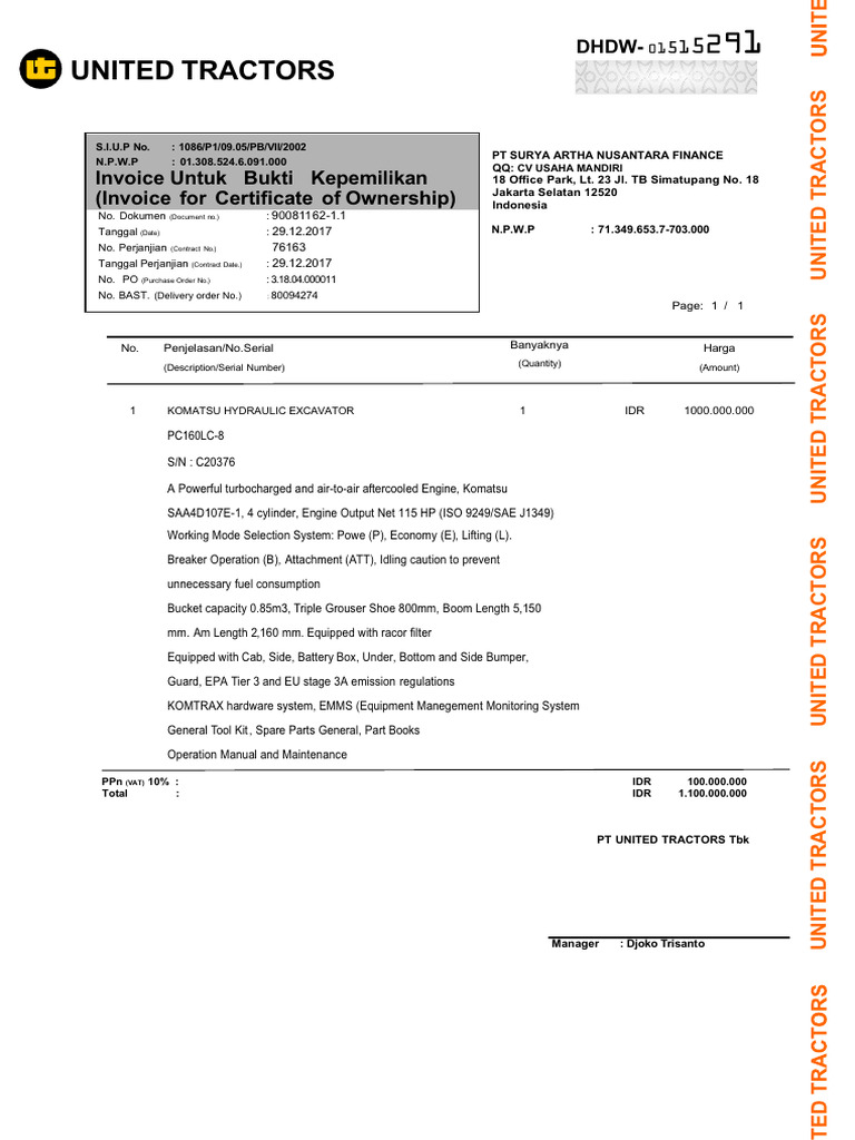 Invoice for Komatsu Excavator Purchase | PDF | Vehicles | Motor Vehicle