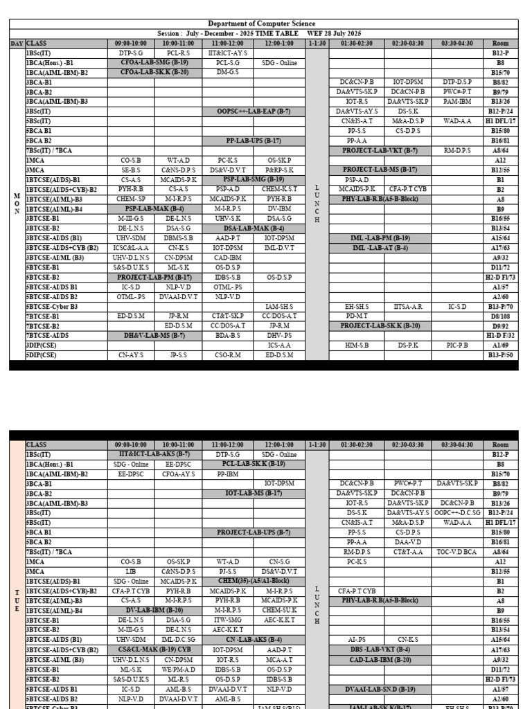Computer Science Day Class Timetable 2025 | PDF