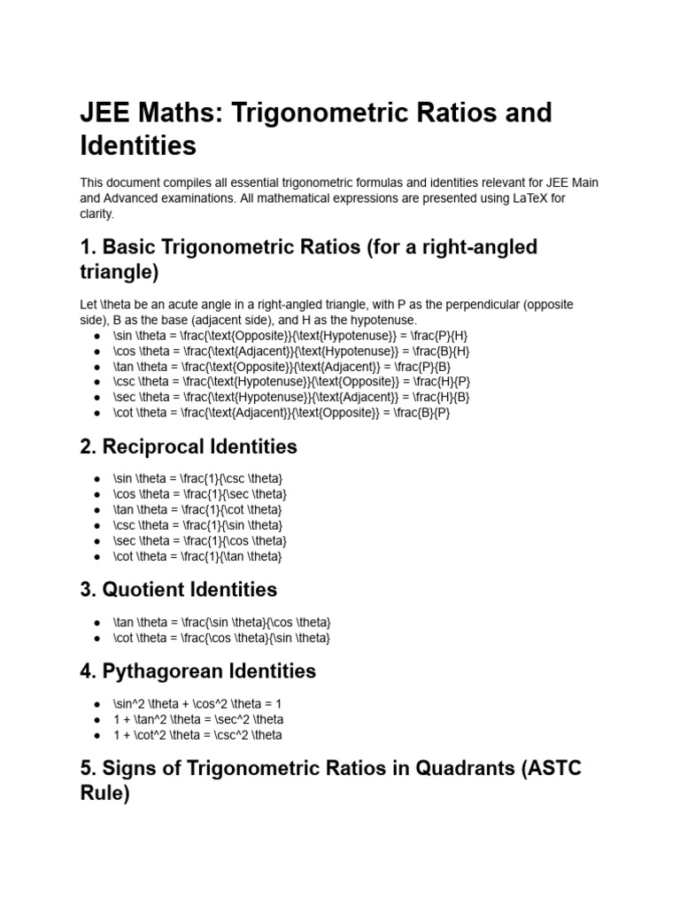 JEE Trigonometric Formulas Sheet | PDF | Trigonometry | Trigonometric ...