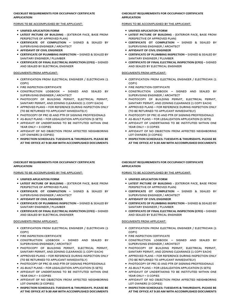 Occupancy Certificate Application Checklist | PDF | Engineering