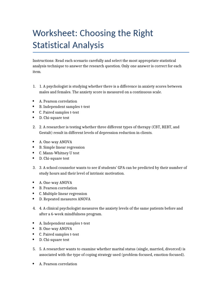 Statistical Analysis Techniques Worksheet | PDF | Student's T Test ...