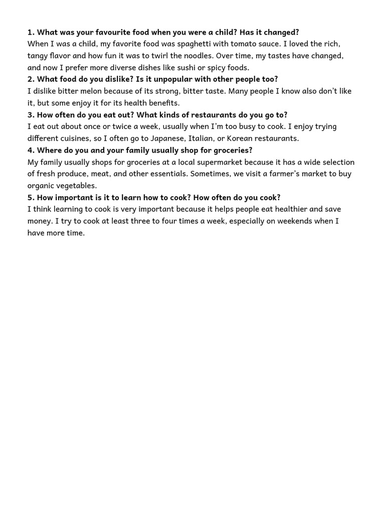 Food Preferences and Cooking Habits | PDF | Taste | Meal