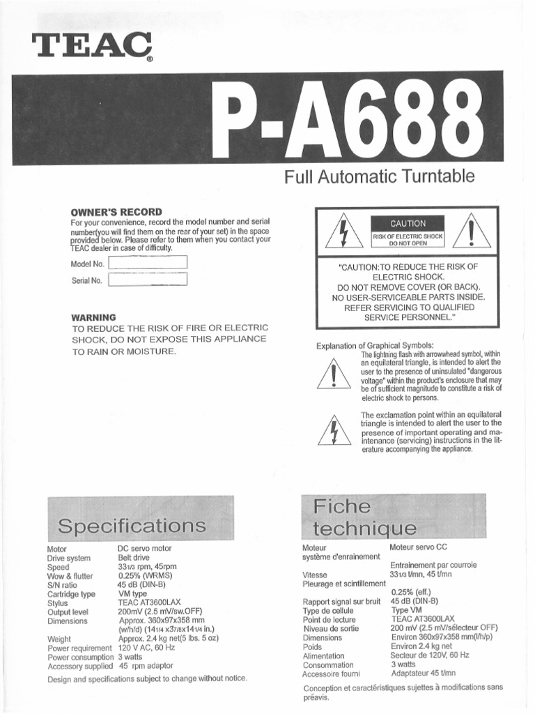 Teac P-A688 Turntable Manual | PDF