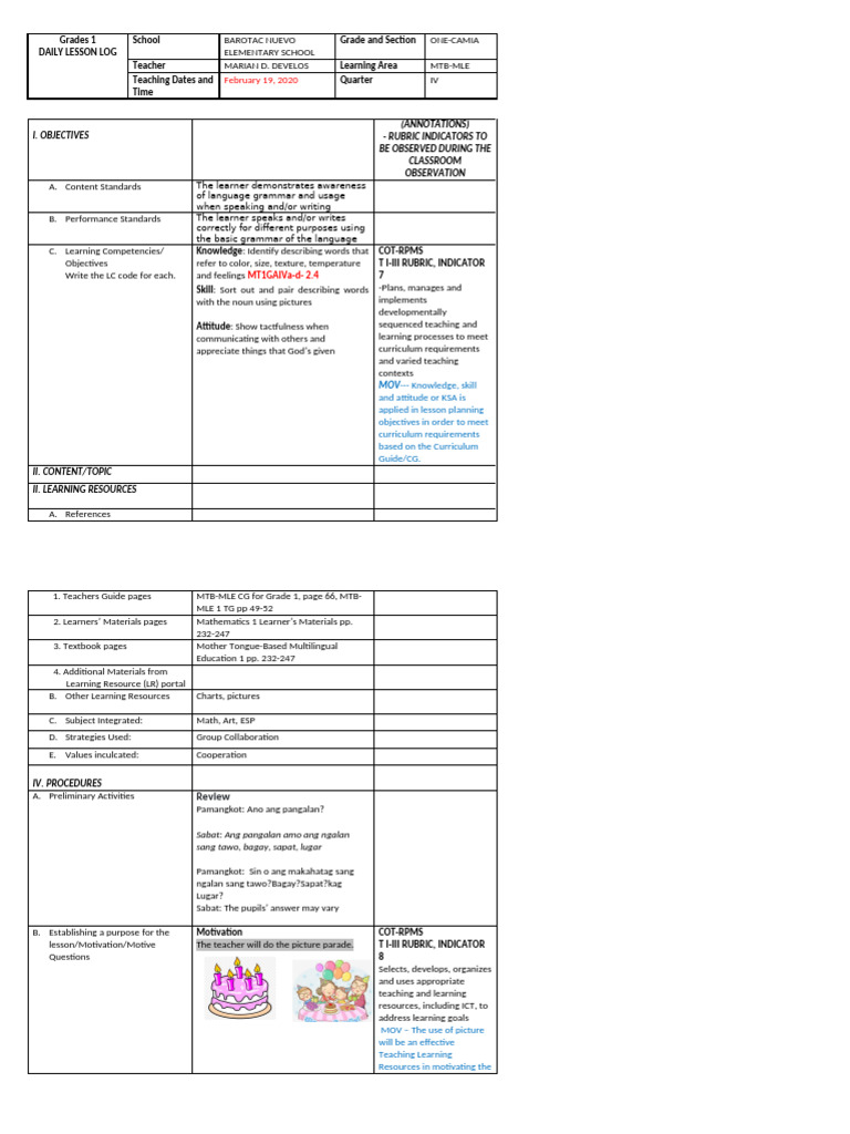 Grade 1 MTB-MLE Daily Lesson Plan | PDF | Curriculum | Learning
