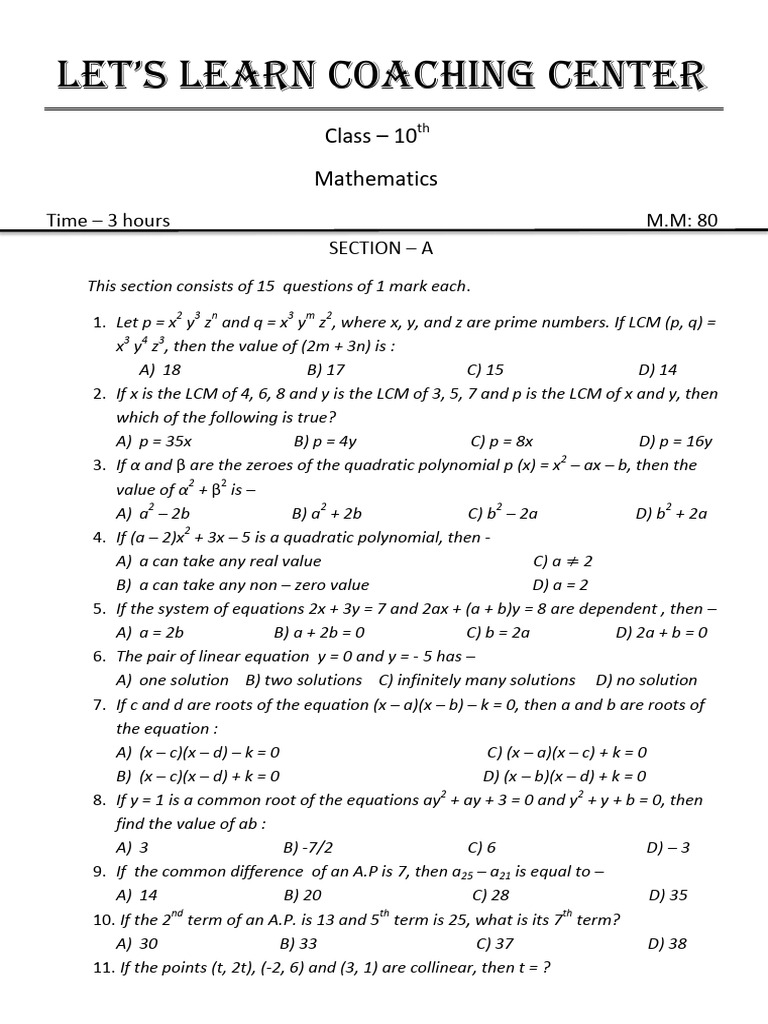 Class 10 Mathematics Test Paper 2026 | PDF | Quadratic Equation ...