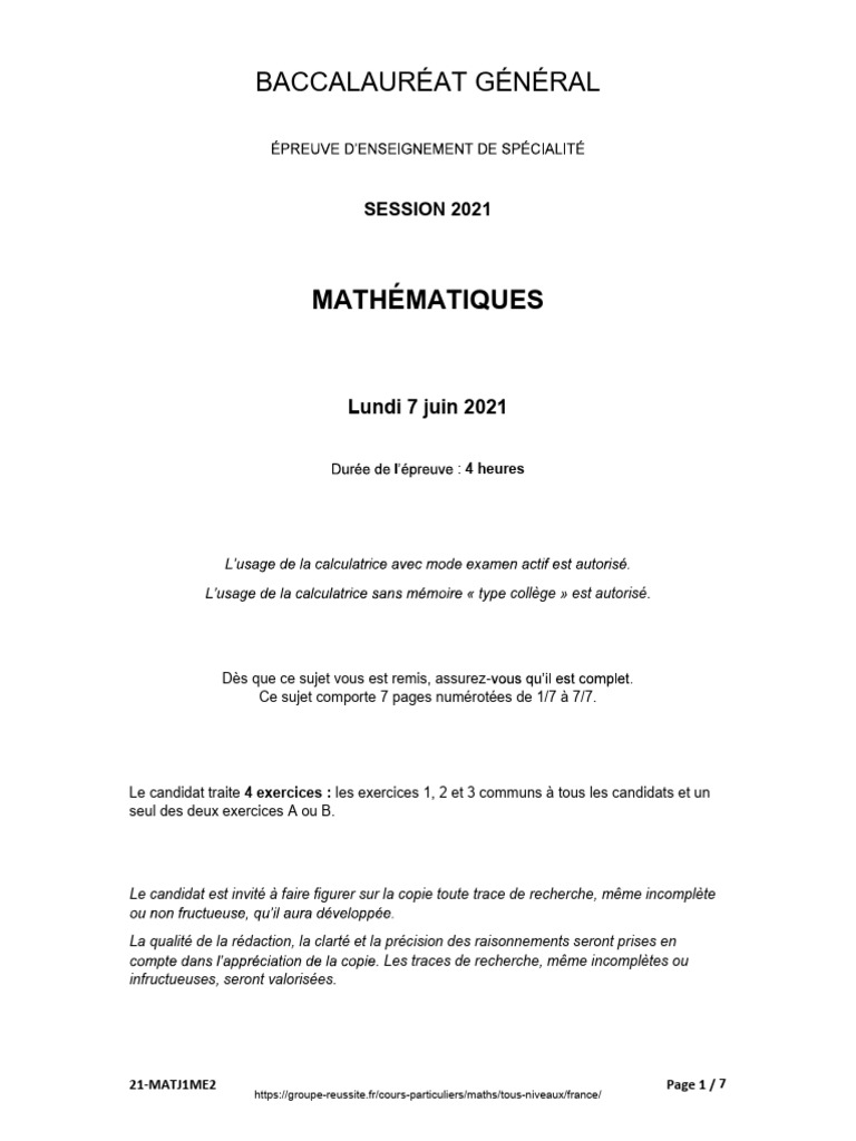 Sujet Bac Maths 2021 - Examen | PDF | Fonction (Mathématiques ...