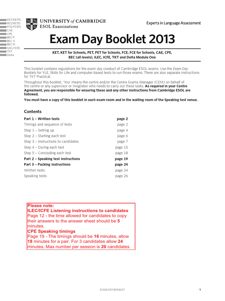 Cambridge ESOL Exam Day Guidelines | PDF