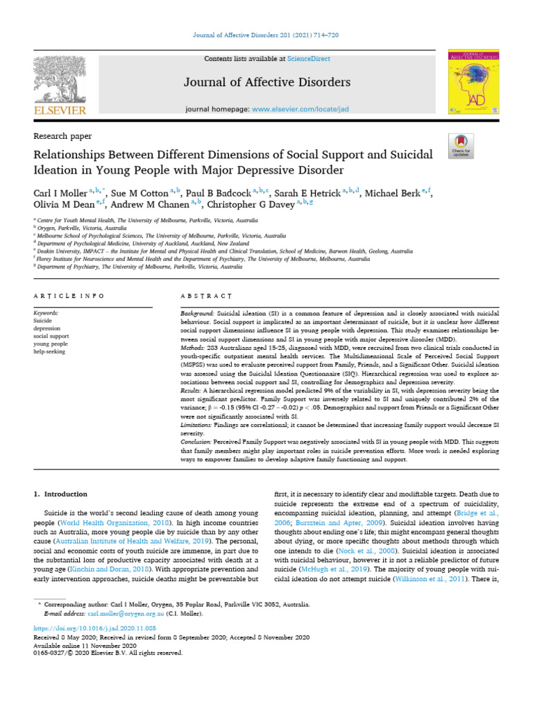 Social Support and Suicidal Ideation in Youth | PDF | Major Depressive ...