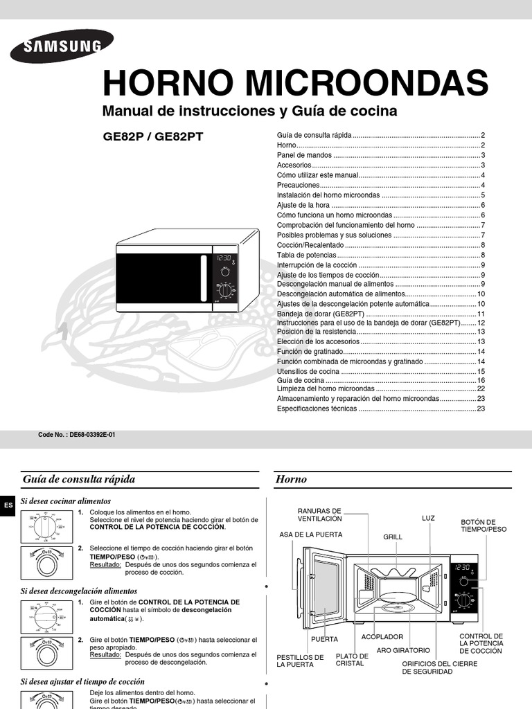 Manual del Microondas Samsung GE82P o GE82PT Estufa de cocina Aluminio