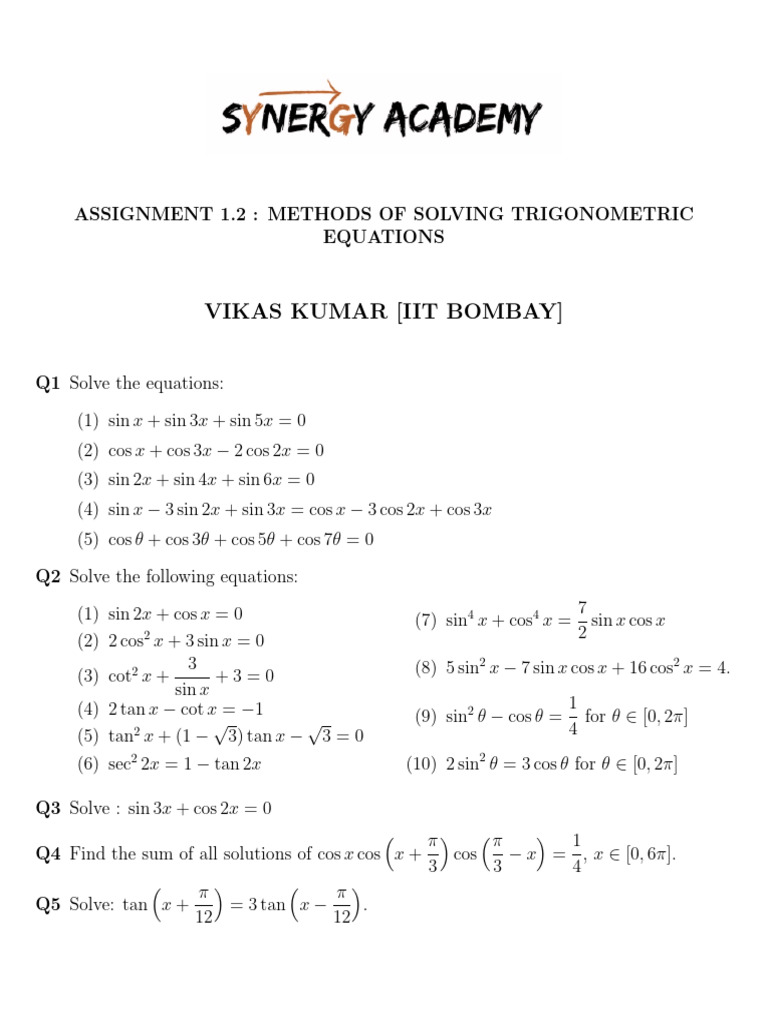 Trigonometric Equations Assignment Solutions | PDF | Trigonometric ...