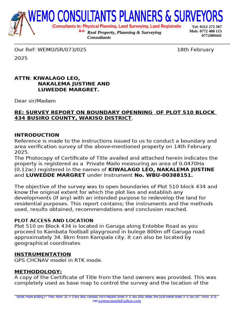 Survey Report for Plot 510, Wakiso | PDF | Surveying | Geographic Data ...