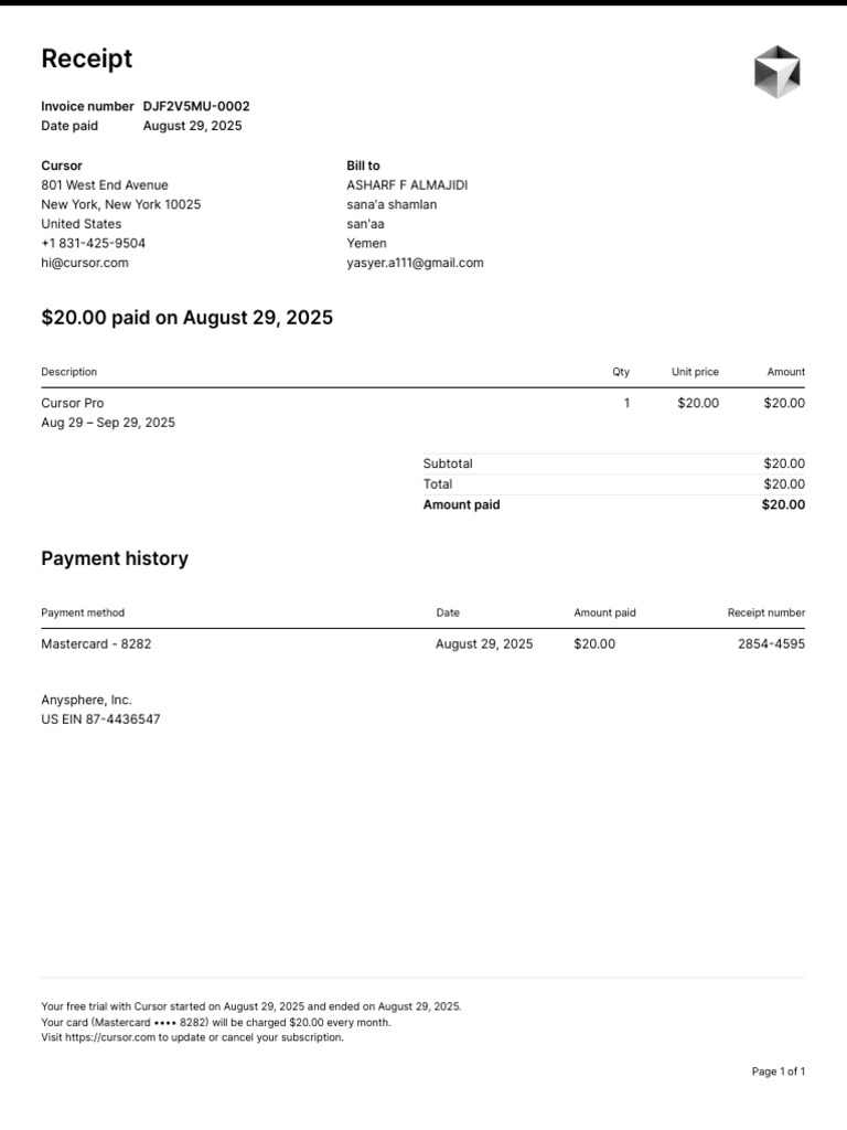 Cursor Subscription Receipt | PDF