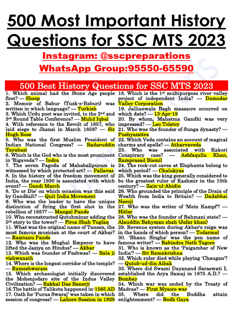 500 Most Important History Questions For SSC MTS 2023 | PDF | Mughal Empire