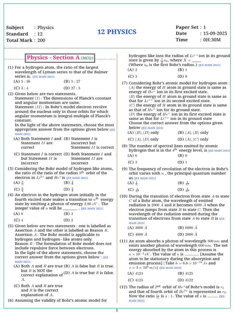 JEE Main 2025 Physics Paper Set 1 | PDF | Electron | Energy Level