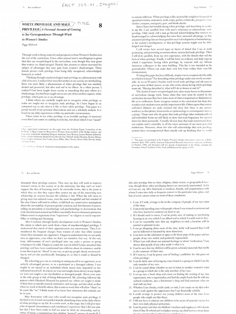 Mcintosh, Peggy White Privilege and Male Privilege | PDF | Critical ...