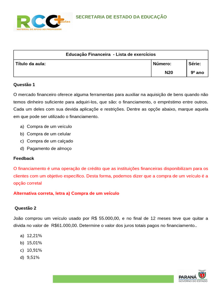 Exercícios de Educação Financeira 9º Ano | PDF