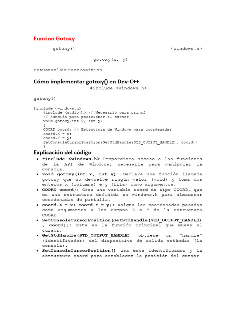 Implementación de gotoxy en Dev-C++ | PDF | Flujo de control ...