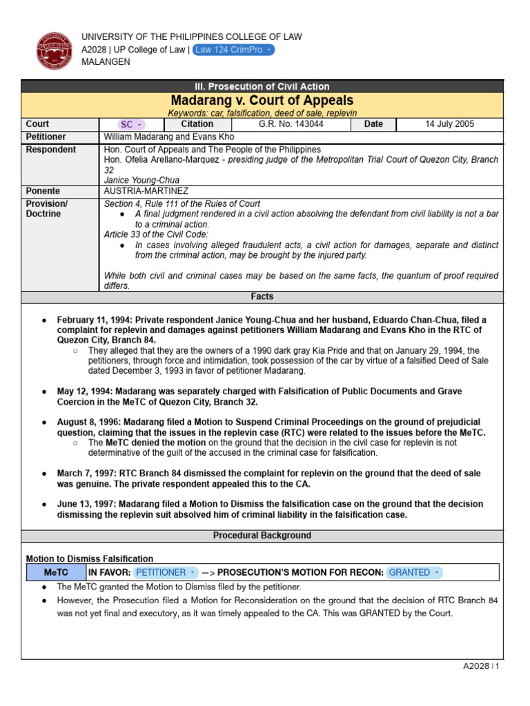 Civil vs. Criminal Action in Falsification | PDF | Lawsuit | Certiorari