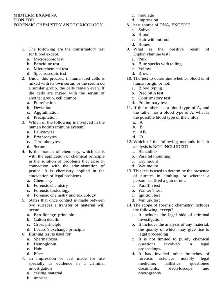 Forensic Chemistry Midterm Exam Questions | PDF | Forensic Science | Blood