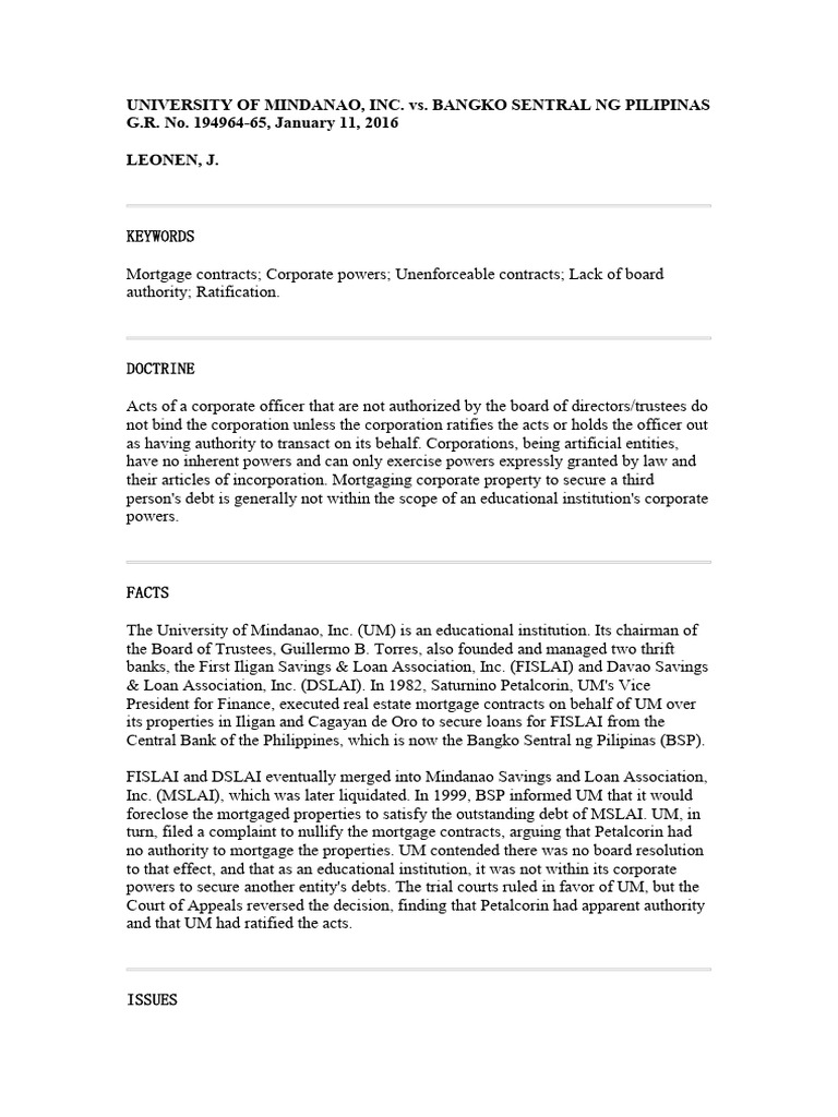 UM vs. BSP: Mortgage Authority Ruling | PDF | Mortgages | Savings And ...