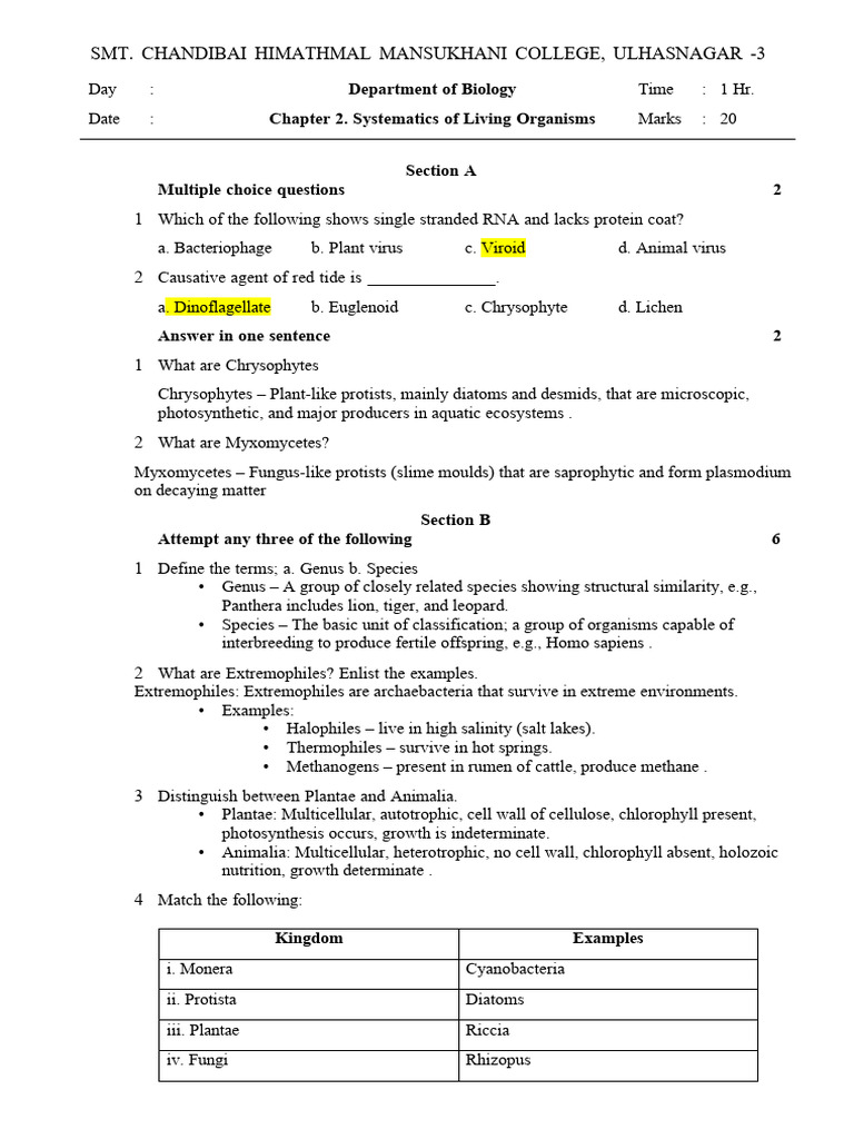 Answer Key Chap 2 | PDF | Cell (Biology) | Fungus