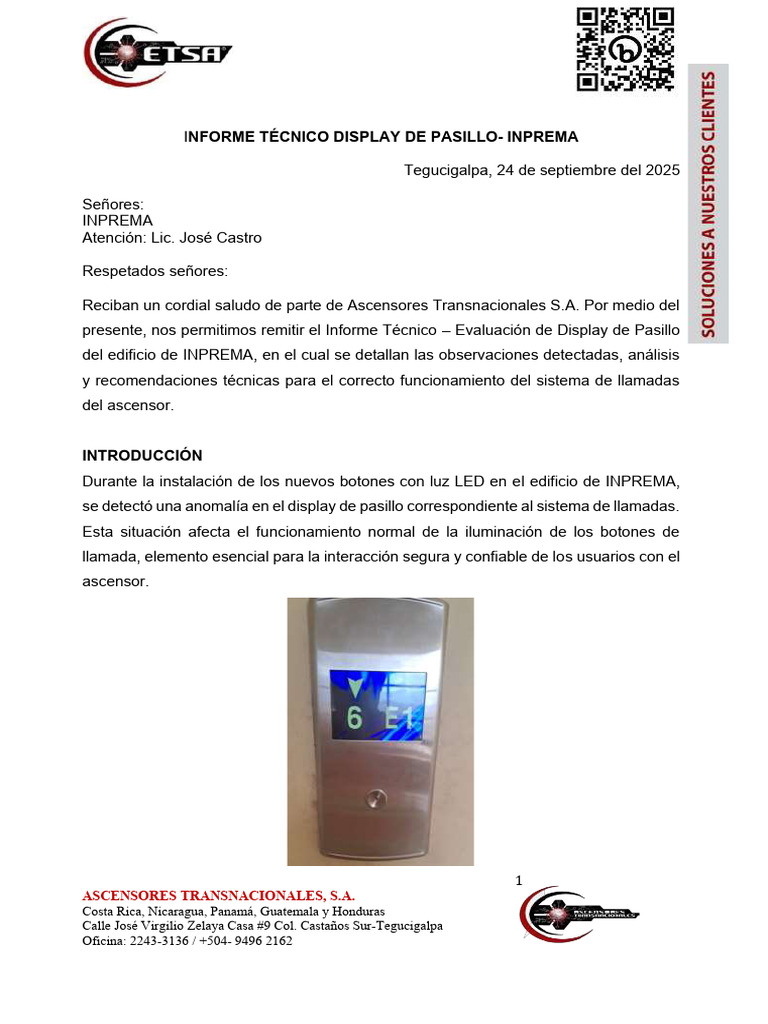 Informe Ténico Display-InPREMA | PDF | Ascensor | Diodo emisor de luz