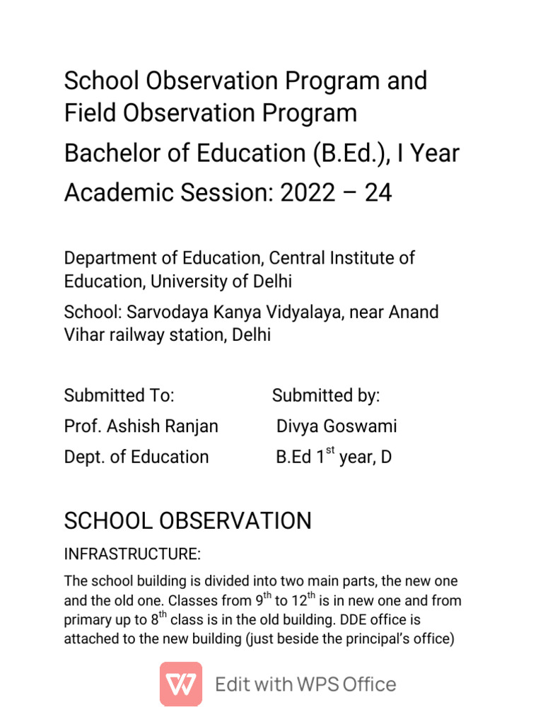 School Observation and Field Report 2022-24 | PDF | Parks | Biodiversity