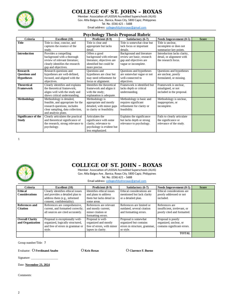 Psychology Thesis Proposal Rubric | PDF | Methodology | Citation