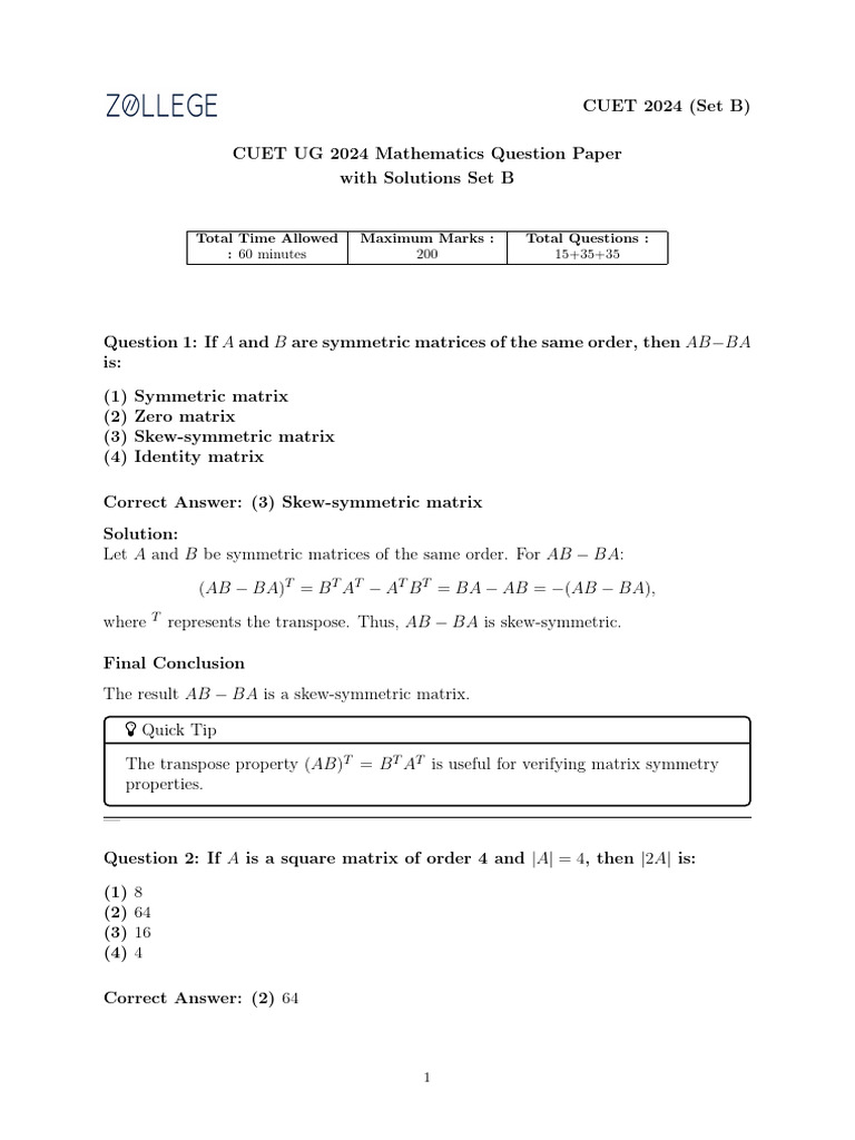 CUET UG 2024 Mathematics Paper Set B | PDF | Matrix (Mathematics ...