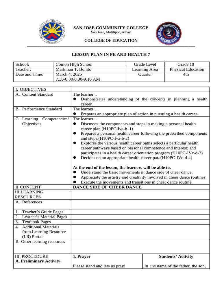 PE and Health Lesson Plan: Cheer Dance | PDF | Physical Education ...
