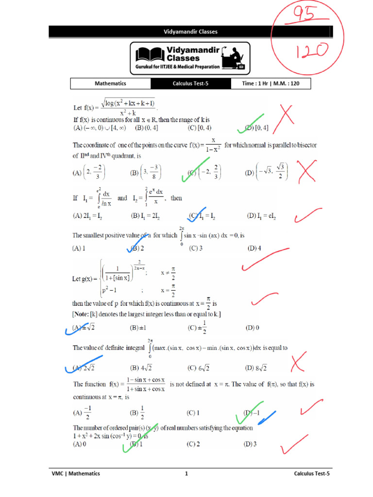 Calculus Test 5 - Vidyamandir Classes | PDF