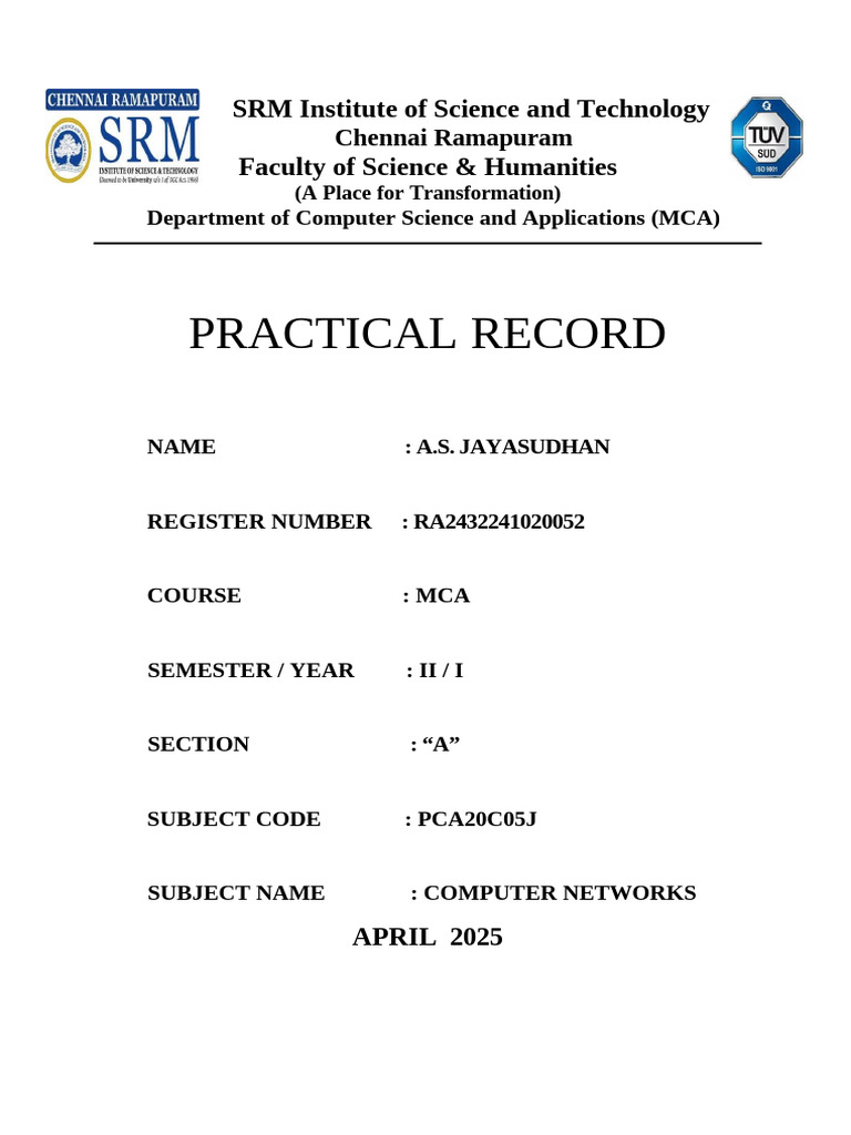 MCA Computer Networks Practical Record | PDF | Computer Network ...