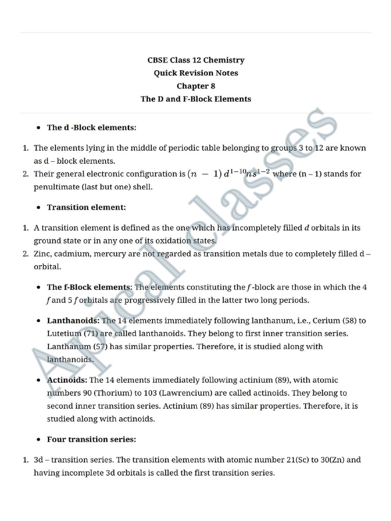 D and F Block Short Notes | PDF