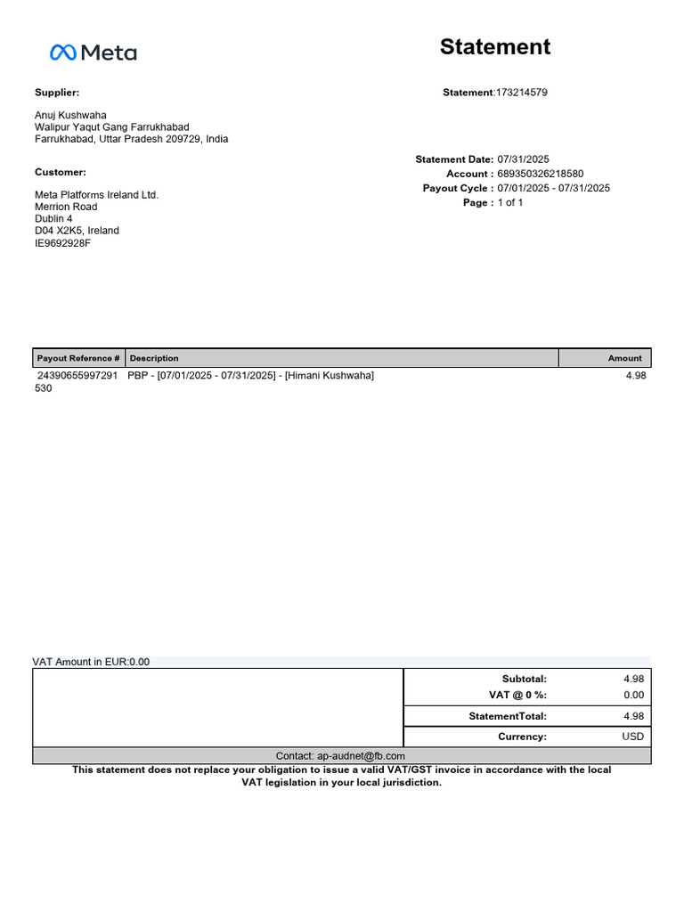 Supplier Statement for Meta Platforms | PDF | Business | Economies