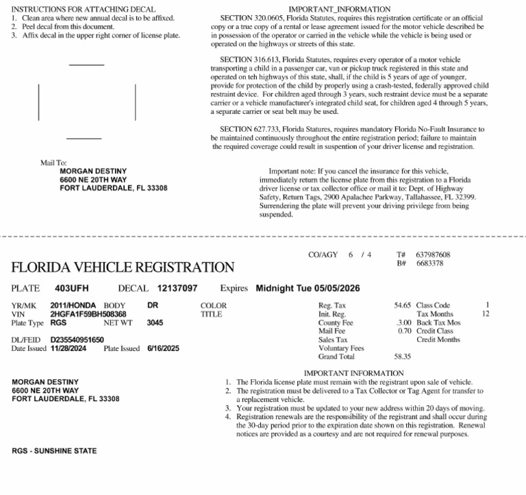 Florida Vehicle Registration UF Recovered | PDF