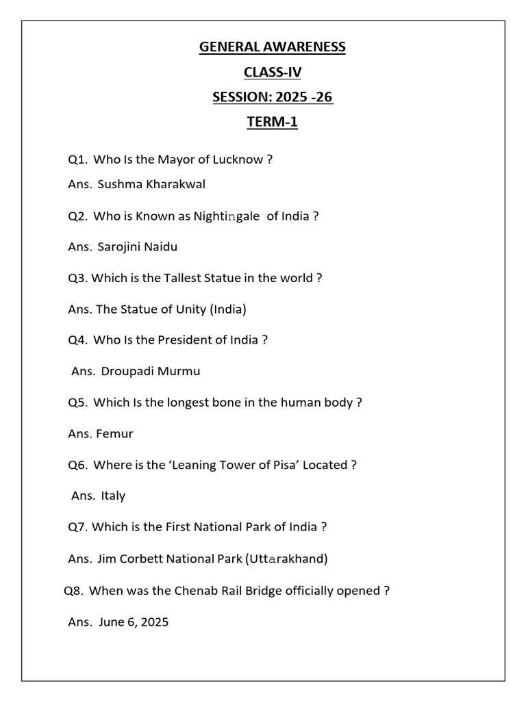 Class IV General Awareness Quiz 2025 | PDF