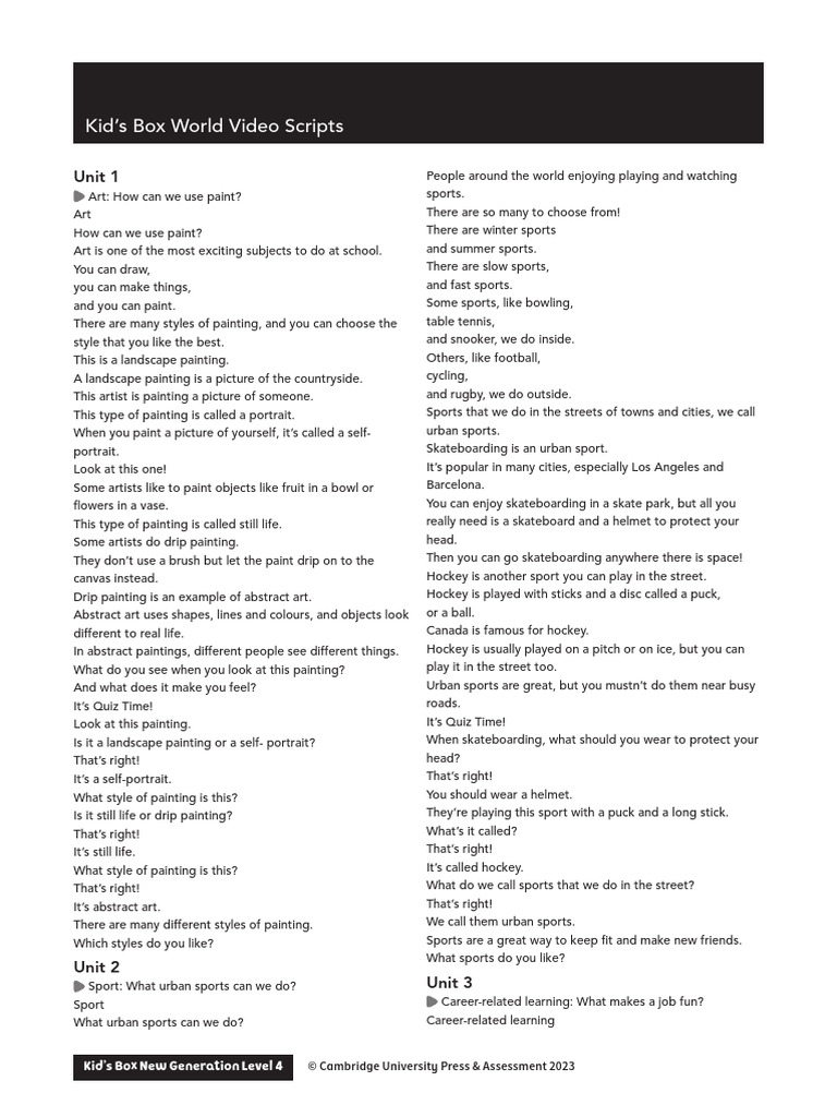Kid's Box Level 4 Video Scripts Overview | PDF | Poetry | Paintings